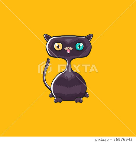 cute black halloween cat isolated on orange background. Cartoon happy black witch kitten with big 56976942