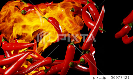 Flying red hot chilli peppers with flames Flying red hot chilli peppers with flames 56977421