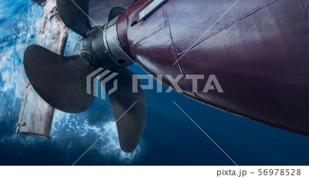 Propeller and rudder of big ship underway view Propeller and rudder of big ship underway view 56978528