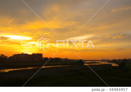 調布市と稲城市に架かる多摩川原橋から望む朝焼け 56983957