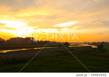 調布市と稲城市に架かる多摩川原橋から望む朝焼け 56983959