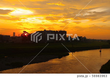 調布市と稲城市に架かる多摩川原橋から望む朝焼け 56983963