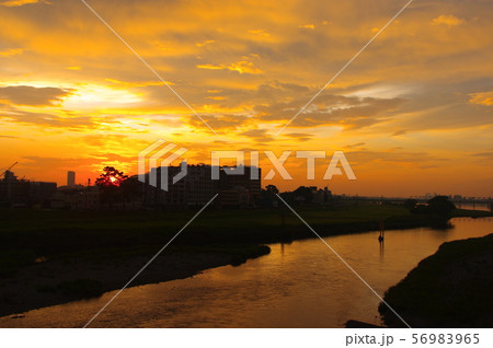 調布市と稲城市に架かる多摩川原橋から望む朝焼け 56983965