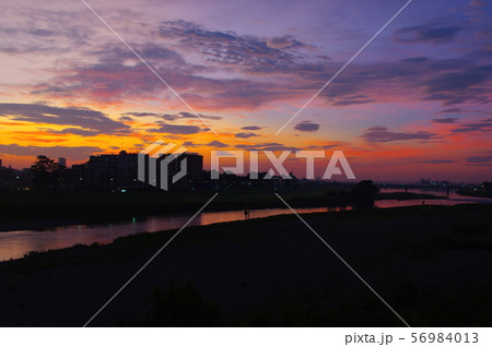 調布市と稲城市に架かる多摩川原橋から望む朝焼け 56984013
