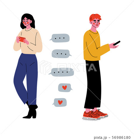 Couple Using Mobile Application for Dating, Young Man and Woman Chatting Online Vector Illustration 56986180