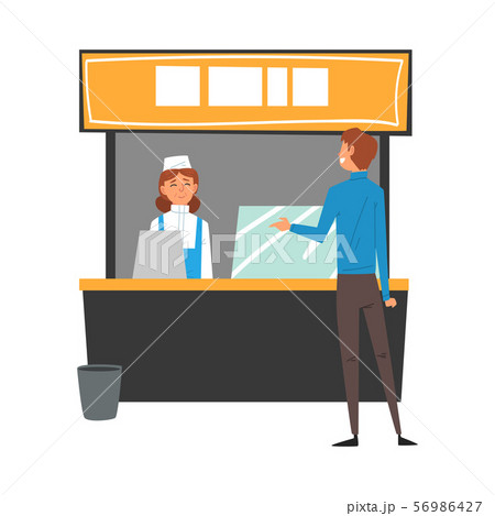 Man Ordering and Buying Fast Food and Drinks in Food Court in Shopping Mall Vector Illustration 56986427