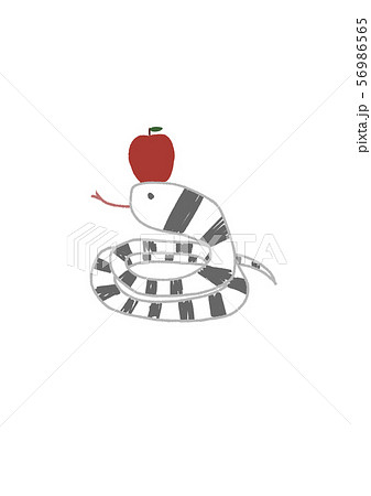 赤いリンゴと白黒の縞模様の舌を出した蛇のイラスト素材