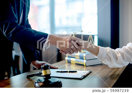Lawyer or judge  with gavel and balance handshake 56987239