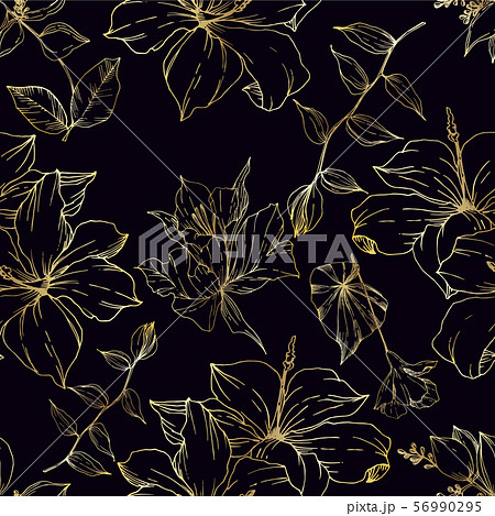 Vector Tropical flowers and leaves isolated. Black and white engraved ink art. Seamless background 56990295