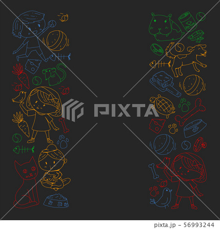 Pet shop. Vector illustration with animals, dog, cat, fish, Colorful background with kitten, bird 56993244