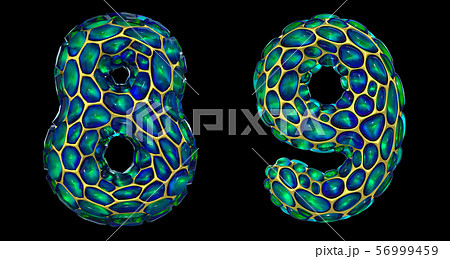 Number set 8, 9 made of realistic 3d render golden shining metallic. Collection of gold shining 56999459