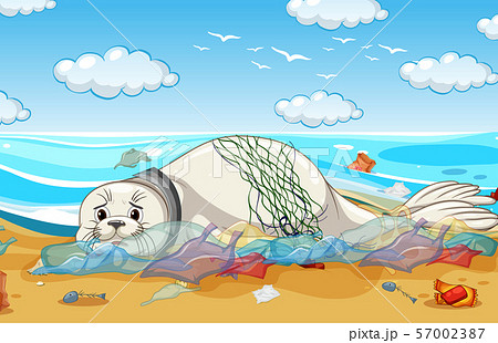 Pollution control scene with seal and plastic bags 57002387