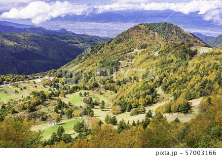 長野県 湯つづき紅葉街道 山田牧場周辺の紅葉の写真素材