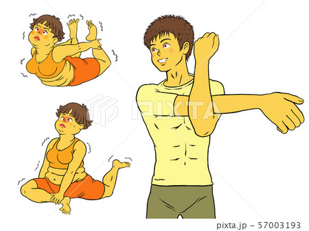 ヨガフィットネスをする、ぽっちゃり女性と男性インストラクターのセット 57003193