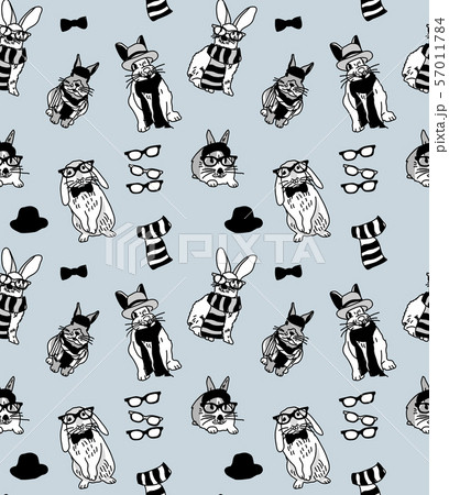 Fashion hipster rabbits cute pets grayscale seamless pattern Fashion hipster rabbits cute pets grayscale seamless pattern 57011784