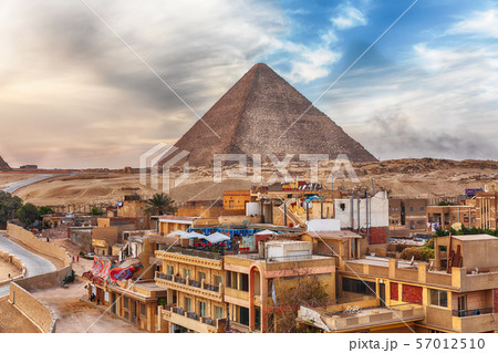 The Pyramid of Cheops and Giza town nearby, Cairo, 57012510