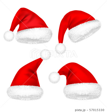Christmas Santa Claus Hats With Fur Set. New Year Red Hat Isolated on White Background. Winter Cap Christmas Santa Claus Hats With Fur Set. New Year Red Hat Isolated on White Background. Winter Cap 57015330