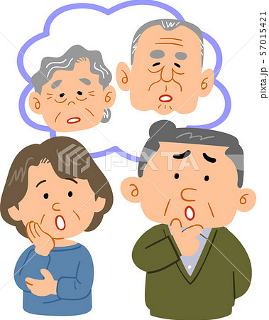 老いについて考えるシニアの夫婦の上半身 老いについて考えるシニアの夫婦の上半身 57015421