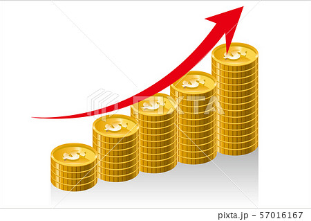 階段状に並んだゴールドコインのイラスト ドル 投資 貯金のイメージのインフォグラフィック 矢印 のイラスト素材