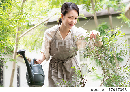 ジョウロで水やりをする若い女性 ガーデニングの写真素材