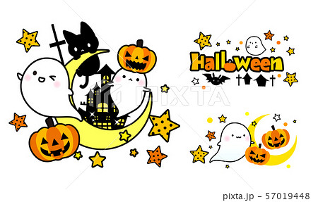 ハロウィン かわいいおばけとくろねこと月とお城とかぼちゃおばけジャックオーランタン ハロウィンロゴのイラスト素材