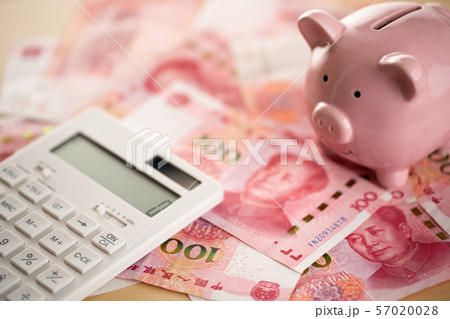 家計をイメージしたお金と豚の貯金箱と電卓 57020028