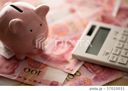 家計をイメージしたお金と豚の貯金箱と電卓 家計をイメージしたお金と豚の貯金箱と電卓 57020031