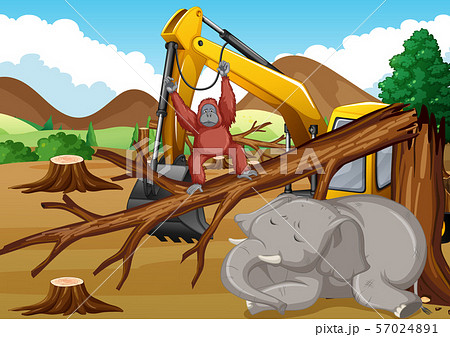Deforestation Scene With Animals Dying Stock Illustration