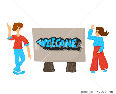Tablet with welcome phrase and two girls. Tablet with welcome phrase and two girls. 57027146