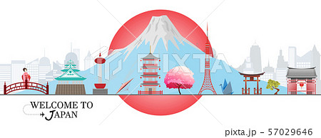 Panorama travel postcard, tour advertising of Japan. Vector illustration. 57029646