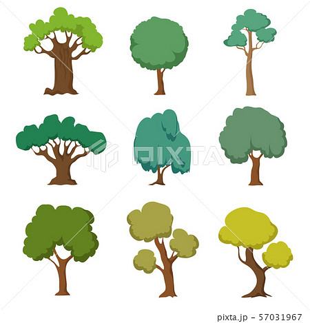 Cartoon green trees. Cute nature forest plant and bushes vector set isolated on white background 57031967