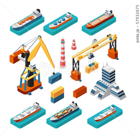 Isometric 3d ships, cranes, sea port building, lighthouse and shipping containers vector marine 57032075