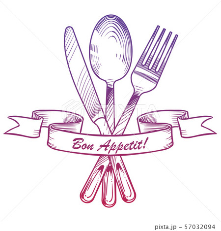 Hand drawn knife, fork, spoon and vintage ribbon 57032094