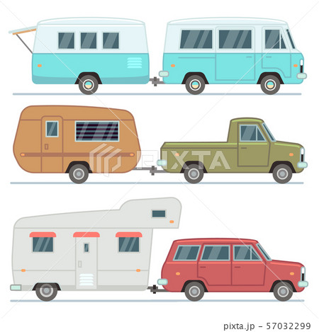 Rv cars, travel mobile houses, family camping trailers, motorhome vehicles vector set isolated Rv cars, travel mobile houses, family camping trailers, motorhome vehicles vector set isolated 57032299