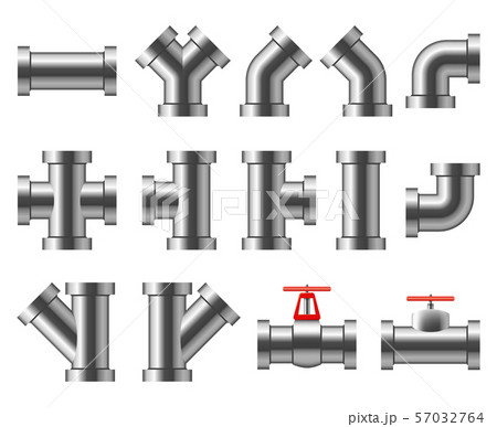 Silver pipes. Aluminum and chrome pipeline. Pipe fittings, water tube vector set 57032764