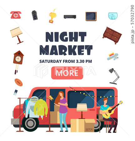 Night market, street bazaar invitation poster. Flea markets vector flyer 57032790
