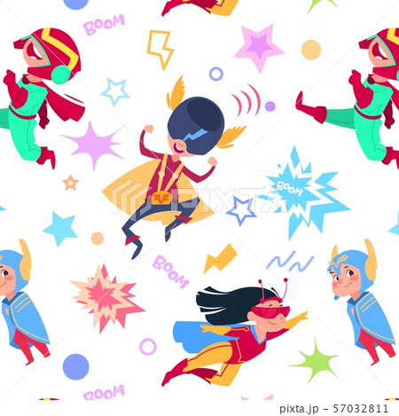 Superhero kids seamless pattern. Cartoon superheroes children. Flying hero super boys and girls 57032811