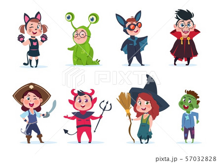 Kids halloween costumes. Cartoon cute baby at halloween party. Festival cartoon vector characters Kids halloween costumes. Cartoon cute baby at halloween party. Festival cartoon vector characters 57032828