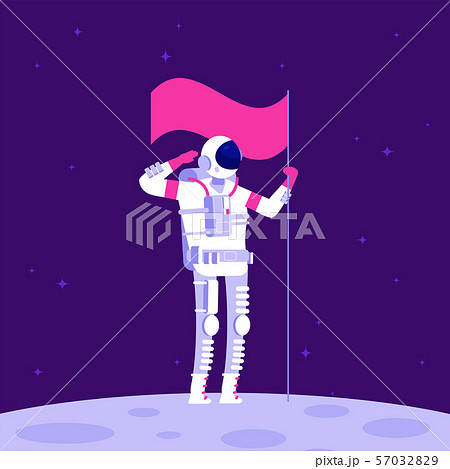 Astronaut on moon. Cosmonaut holging flag on lifeless planet in outer space. Astronautics vector Astronaut on moon. Cosmonaut holging flag on lifeless planet in outer space. Astronautics vector 57032829