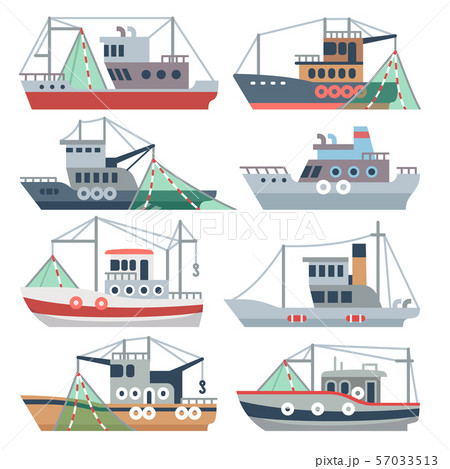 Fishing ocean boats. Commercial fisherman ships isolated vector set 57033513