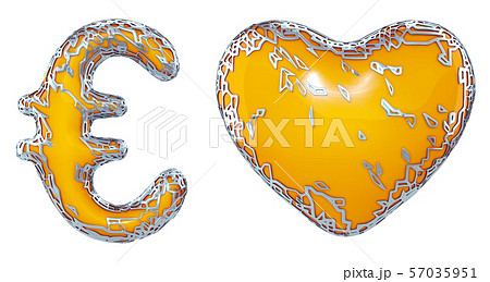 Symbol collection euro and heart made of silver shining metallic. Collection of silver shining 57035951