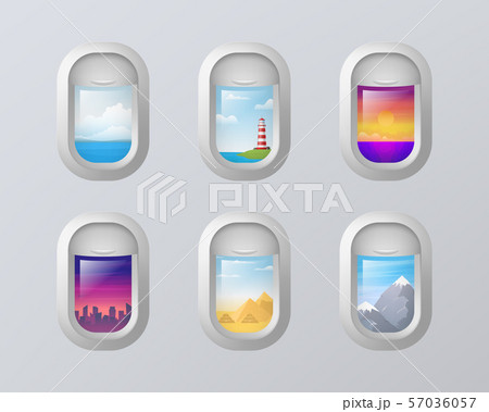 Realistic 3d Detailed Airplane Porthole with Different View Set. Vector Realistic 3d Detailed Airplane Porthole with Different View Set. Vector 57036057
