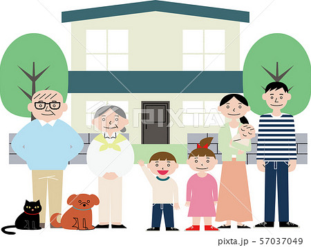 ７人家族と二階建ての家のイラスト素材