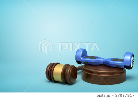 3d rendering of blue hoverboard on round wooden block and brown wooden gavel on blue background 57037917