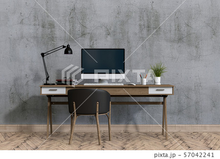 interior modern living room workspace with desk and desktop computer 57042241
