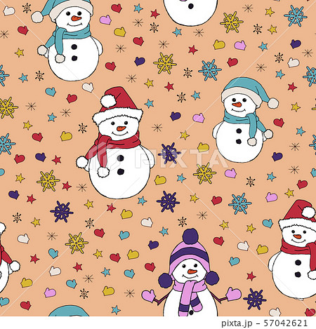 Christmas Seamless Pattern With Snowman Fir のイラスト素材