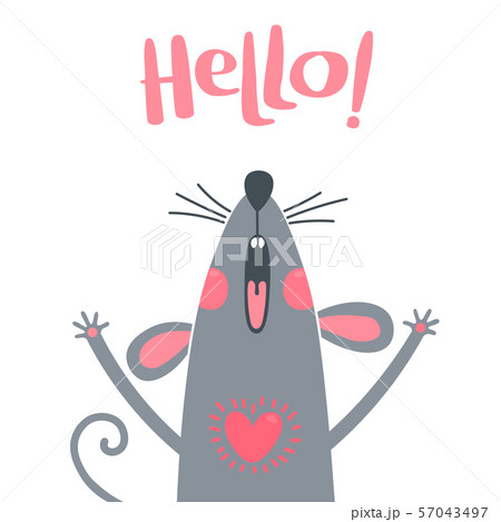 Greeting card with a cute rat. Sweet mouse says hello. Vector illustration 57043497