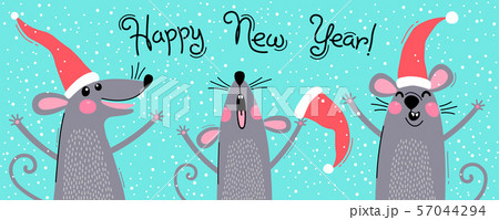 Cute gray rats in Santas hats wishes Happy New Year. Postcard with a symbol of 2020. Vector Cute gray rats in Santas hats wishes Happy New Year. Postcard with a symbol of 2020. Vector 57044294
