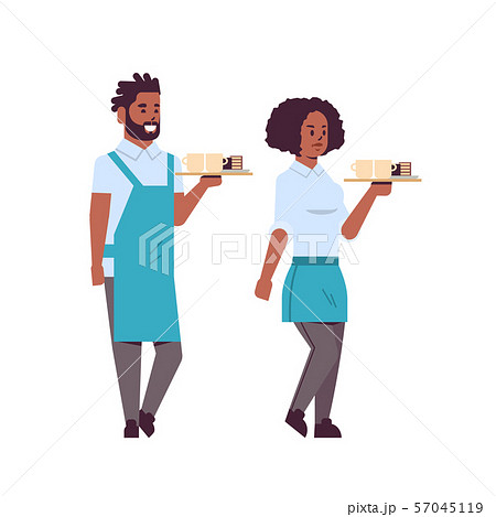 professional waiters couple holding coffee and cake on tray african american man woman restaurant 57045119