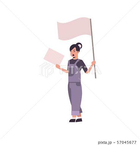 woman protester holding blank placard and flag のイラスト素材 57045677 pixta